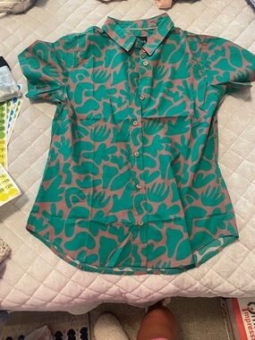 Wildfang Teal and Brown Abstract Button-Up Shirt